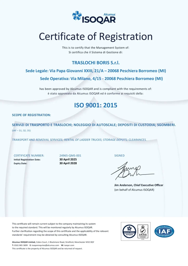 Certificato ISO 9001:2015 Traslochi Boris – Qualità nei traslochi a Milano